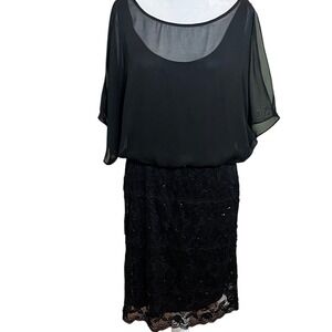 Black Lace Dress‎ Sheer Overlay Beaded Detail Elegant Party Cocktail Size Large